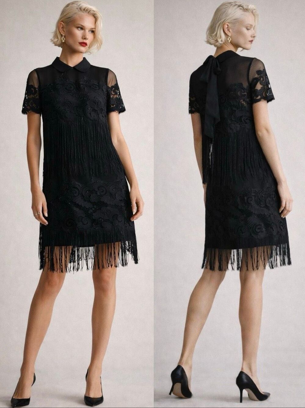 Maeve Anthropologie Black Lace Fringe Shift Dress S Removable Collar Bow Back